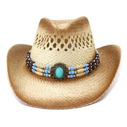 Men Natural Straw Western Cowboy Hat Handmade Weave Curling Brim Cowgirl Summer Hats Sombrero Cap Q0805