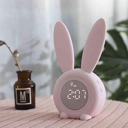 Bunny Ear Led Digital Alarm Clock Electronic Led Display Sound Control Cute Rabbit Night Lamp Desk Clock Drop 211112