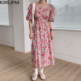 Korejpaa Women Dress Summer Korean Chic French Retro Elegant Square Neck Full-Screen Floral Lace-Up Puff Sleeve Vestidos 210526