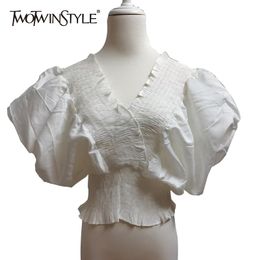 White Casual Shirts For Women V Neck Puff Short Sleeve Elegant Slim Blouses Female Summer Fashion Clothing 210524