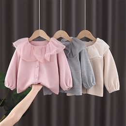 Girls Long Sleeve Coat Autumn Kids Korean Style Design Cardigans Kintted Sweater Sweet Cute 210528