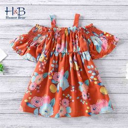 Girl Off-Shoudler Dress Summer Trumpet Sleeve Floral Printed Cute Toddler Kid Clothes 210611