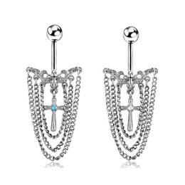 14G Chain Dangle Belly Button Ring Stainless Steel Alloy Cross Tassel Navel Barbell Piercing Jewellery For Women