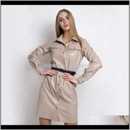 Womens Clothing Apparel Drop Delivery 2021 Moarcho Casual Pockets Fashion Leather Dresses With Belt Women Long Sleeve Buttoned Down Solid Col