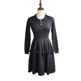 Black White Long Sleeve Turn Down Collar Mini Short A Line Dress Knitted Solid Ruffle D1706 210514