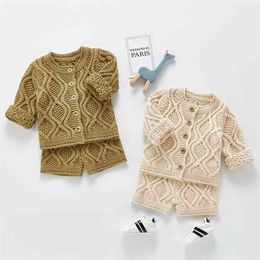 Spring Autumn Infant Baby Boys Girls Long Sleeve Pure Colour Suit Clothing Sets Kids Boy Girl Knit Clothes 2Pcs 210521