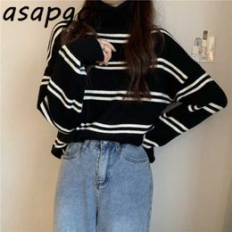 Loose Autumn Winter Knitwear Top Turtleneck Striped Pullover Sweater Women Korean Chic Casual Retro Japan Style Student Pull 210610