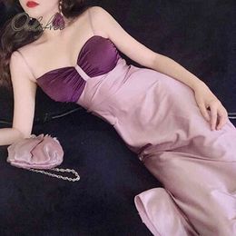 Summer Women Long Slip Spaghetti Strap Purple Vintage Satin Party Dress 210415