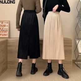 Women Solid Pleated Skirts Autumn Winter Elastic High Wasit Casual Mid-calf Skirt Long Faldas Largas Mujer Dropshiping 210514