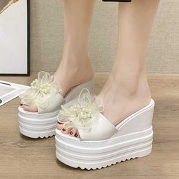 Rimocy Summer Lace Bowknot Wedges Heels Women Slippers Sandals Pearl Peep Toe Platform Slides Super High Shoes Woman 210528