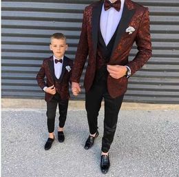 2021New Burgundy Pattern Boy Mens Suits Slim Fit Wedding Grooms Tuxedos Peaked Lapel Formal Blazer Kid Prom Suit (Jacket+Pants X0909