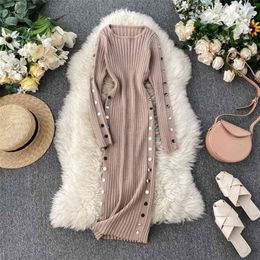Woman Autumn and Winter Korean Pure Color Buckle Waist Thin Retro Knitted Package Hip Sweater Dress Vestidos K173 210527