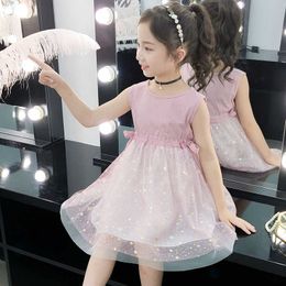 Summer Girl Dress Solid Princess Dress 2-12 Years Old Baby Kids Clothes Crew Neck Sleeveless Children's Clothes Plus Size Dress Q0716