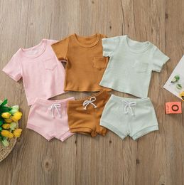 Children's Clothes Suit Baby Solid Cotton Article Pit Clothing Set Summer Short Sleeve T-Shirt Shorts Pants Suits 2pcs Infant Breathable Garment WMQ1170