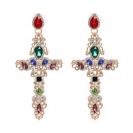 Vintage Punk Gold Multi Colour Cross Earrings For Women Metal Drop Earrings Statement Baroque Jewellery