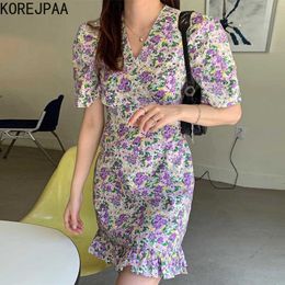 Korejpaa Women Dress Korean Chic Temperament Elegant Violet Shredded Flower V-neck Waist Bag Hip Lotus Leaf Side Vestido 210526