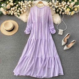 Fashion Folds Long-sleeved Sweet Dot Chiffon Solid Color Holiday Long Dress Women Elegant Clothes Vestidos De Mujer Q771 210527