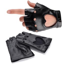punk love short synthetic leather gloves half finger fingerless fashion lady handsome black heartshaped gloves