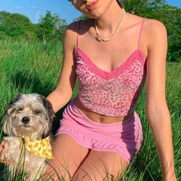 E-girl Y2K Pink Leopard Print V-neck With Lace Camis Tops Sweet Fashion Spaghetti Strap Backless Summer Crop Tops1