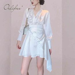 Spring Summer Women Satin Long Sleeve Asymmetrical Short Party Dress Streetwear 210415