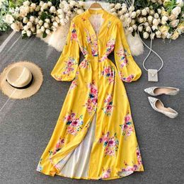 Women Retro Print Elegant Fashion Puff Sleeve A-line Party Dresses Spring Bohemian Vacation Beach Long Dress 210430