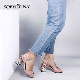 SOPHITINA High Quality Sheepskin Women' s Sandals Fashion Ankle Buckle Strap Super High Square Heels Shoes Elegant Sandals PC655 210513