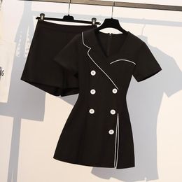 Plus Size Women Black Blazer Two Piece Set Korean Short Sleeve V Neck Midi Dress And Sets Office Ladies Solid Vestidos Women's Tracksuits