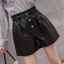 Elegant PU Leather Shorts Women Autumn and Winter Elastic High Waist Wide-Leg Fashion A-line Bottoms 11090 210506