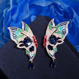 Creative Multi Color Cubic Zirconia Symmetrical Butterfly Big Long Drop Earrings for Women Luxury Party Jewelry CZ899 210714