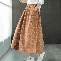 Johnature Autumn Winter Cotton Retro Print Pockets Elastic Waist Half Skirt Loose Leisure All-match Women Fashion 210629