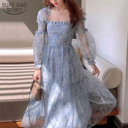 Summer Lace Elegant Midi DresPuff Sleeve Square Collar Boho Beach Floral Female Party Korean 14514 210508