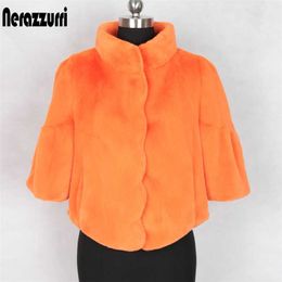 Nerazzurri Short Soft fluffy faux fur jacket women flare sleeve stand collar half sleeve fake rex rabbit fur coat Cropped top 211018