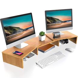 Dual Monitor Stand, 3 Shelf Computer Monitor Riser, Bamboo Color Desktop Stand with Adjustable Length and Angle, Desk Organizer for Computer, Laptop, Screen, DT108007BY