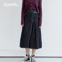 Qooth Autum Winter High Waist Denim Patchwork Skirts Women A Line Midi Calf Irregular Design Long Skirts Female Dark Blue QT225 210518