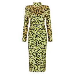 Sexy Women Dress Leopard Print Long Sleeve High Neck Autumn Winter Party Clothes Bodycon Maxi 210515