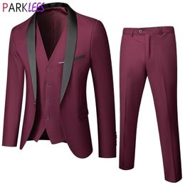 Men's Formal Business Slim Fit Wine Red 3pc Suits (Jacket+Pants+Vest) Brand One Button Shawl Lapel Costume Homme S-6XL 210522