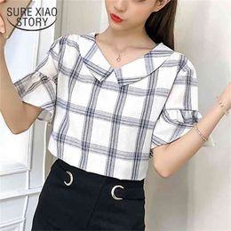 fashion sweet lady short sleeved blouses plaid women tops peter pan collar clothing summer casual shirts 0426 40 210506