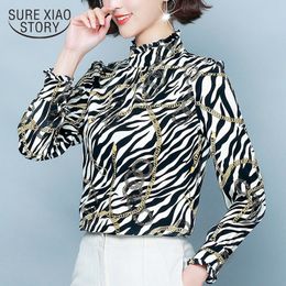 Spring Chiffon Black White Striped Stand OL Long Sleeve Shirts Vintage Plus Size Women 4XL Tops 8324 50 210415