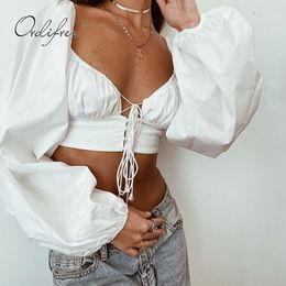Summer Women Shirt Long Sleeve Lace Up White Blouse Sexy Tops 210415