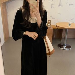 Plus Size Spring Girls Solid Female Vintage Dress Party Velvet Evening Long Sleeve Women Dresses Black Robe Vestido 210417