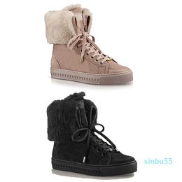 Fashion Winter Snow Booties Designer Shoes Knee Leather Martin Boots Fur Australia Women Shearling Suede Print Lace-up Flat Shoes