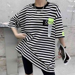 Harajuku Women T-shirt Mid-length Stripe Female Tops Summer Short-Sleeved T-shirts Plus Size women sexy tops 210507