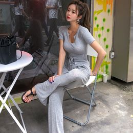 Women's Two-piece Suit Summer New Casual Leisure Sexy Slim Bodycon T-shirt High Lace Up Waist Wide-leg Pants Two-piece Set 210422