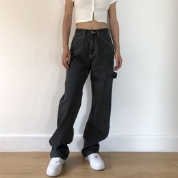 Baggy Jeans for Women Loose High Waist Boyfriend Mom jeans Big Pockets Black Straight Denim Pants Fashion 210809