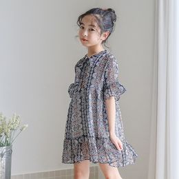Girls' Summer Dress 2020 New Summer Korean Costume Chiffon Print Decorative Stitching Style Girl's Holiday Dress 6 to 14 years Q0716