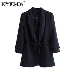 Women Fashion Office Wear With Belt Blazer Coat Long Sleeve Pockets Female Outerwear Chic Tops 210420