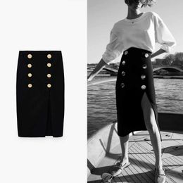 ZA Skirt Women Women High Waist Button Pencil Midi Summer Skirts Chic Front Slit Back Zip Vintage Office Lady Black Skirt 210602