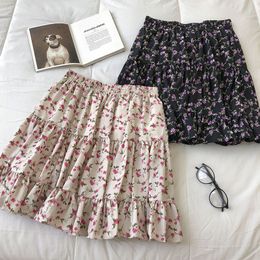 Retro floral Ruffles skirt female summer Korean thin elastic waist vintage A-line short for women s tide 210420