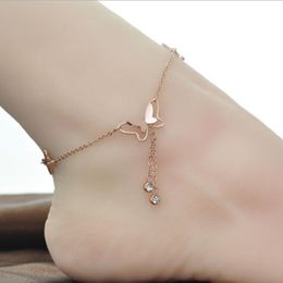 Retro Elegant Butterfly Inlaid With Set Zircon Stainless Steel Woman Anklet For Women Rose Gold 27.5Cm Jewellery 2021 Trend