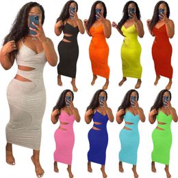 Sexy Sling Sleeveless Women Casual Dresses Hollow Out Split Layer Solid Color Deep V Neck Slim Pencil Dress Designers Clubwear